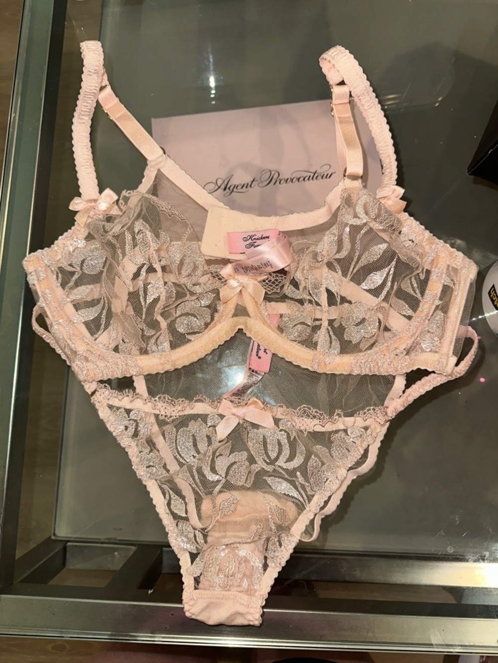 New nwot Agent Provocateur Pale Pink Sheer Lace Bra & Brief Set sparkle 36C 4 - Picture 1 of 5